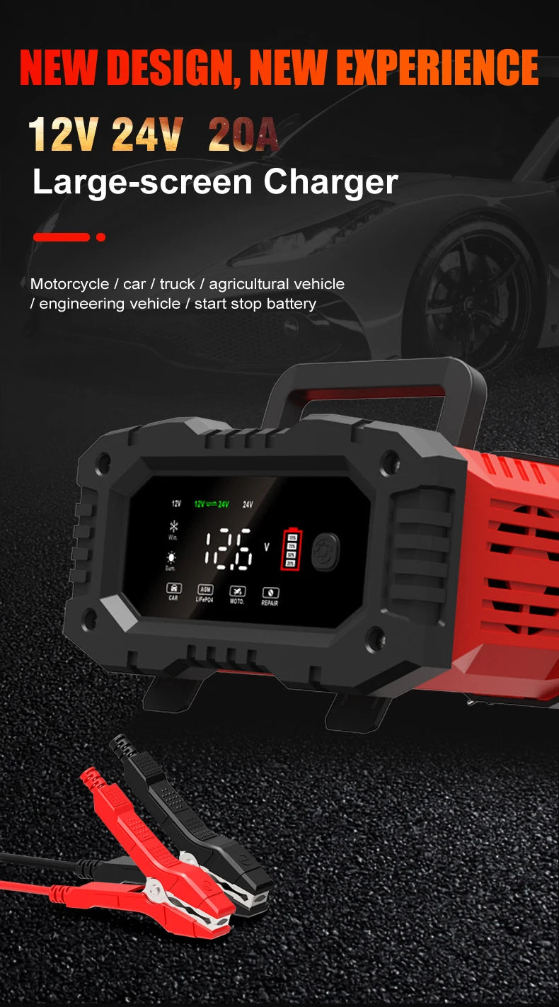 Chargeur de batterie intelligent pour voiture et moto, chargeurs de batterie au lithium, AGM GEL, plomb-acide, veFePO4, 20A, 10A, 12V, 24V