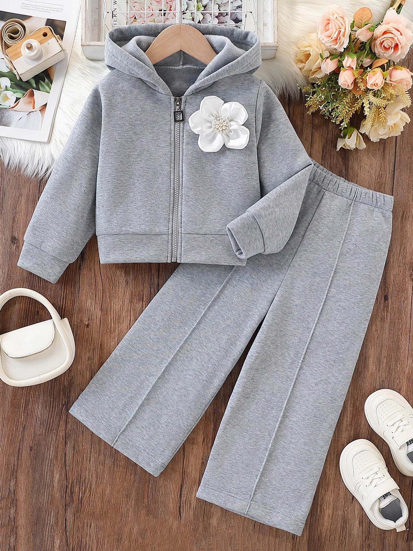 Ensemble 2 pièces pour filles, tenue doublée polaire d'automne et d'hiver, élégant et à la mode, veste à manches longues à capuche zippée + pantalon, ensemble deux pièces, vêtements chauds d'extérieur d'hiver pour