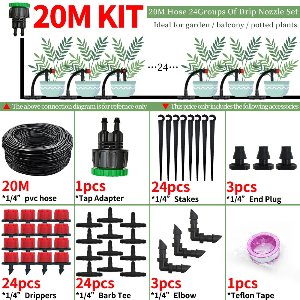 Drip irrigation kit for gardens, automatic watering system, nozzles for agricultural land, bonsai, plants, flowers, greenhouses, 1/4 in effect
