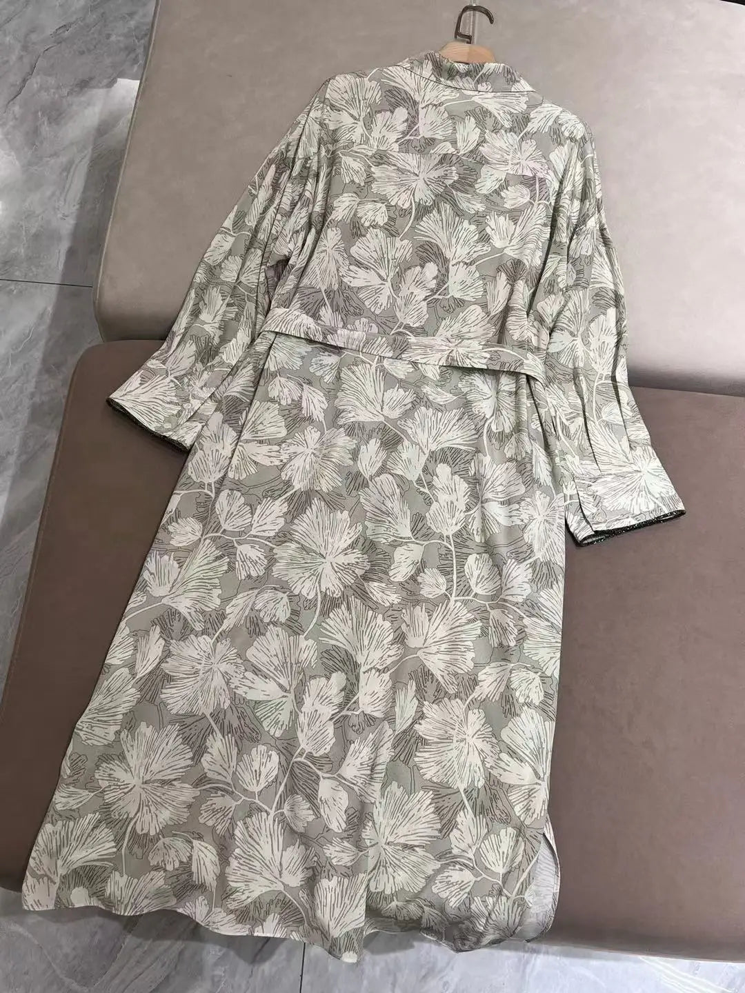 Women's Ginkgo print midi dress, beaded detailing, turn-down collar, belts, long sleeves, breathable, lightweight, ladies', 100%