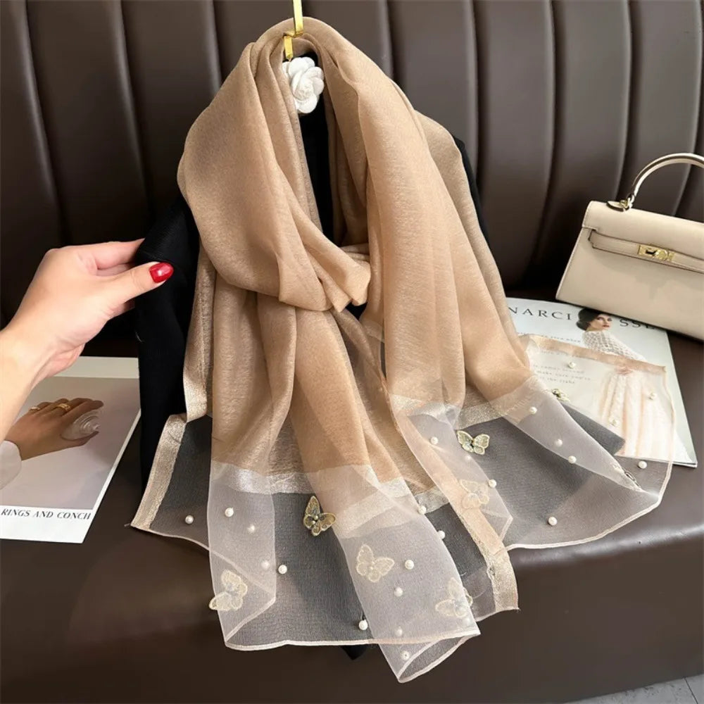 Grand Foulard Fin et Élégant avec Broderie Papillon, Châle Hijab de Luxe pour Femme