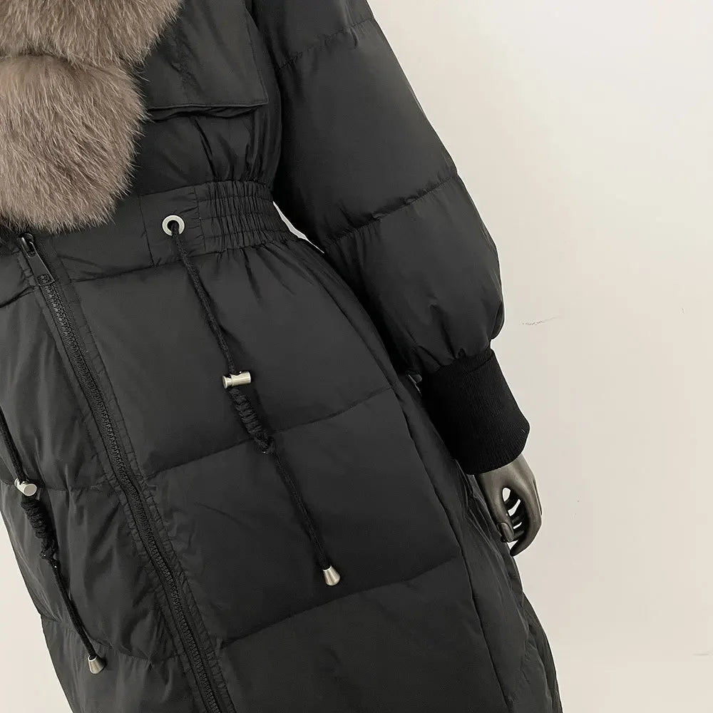 Doudoune longue avec col en fourrure pour femme, pardessus en fourrure de renard, longueur aux genoux, à la mode, chaude, cintrée à la taille, vêtements d'extérieur amincissants
