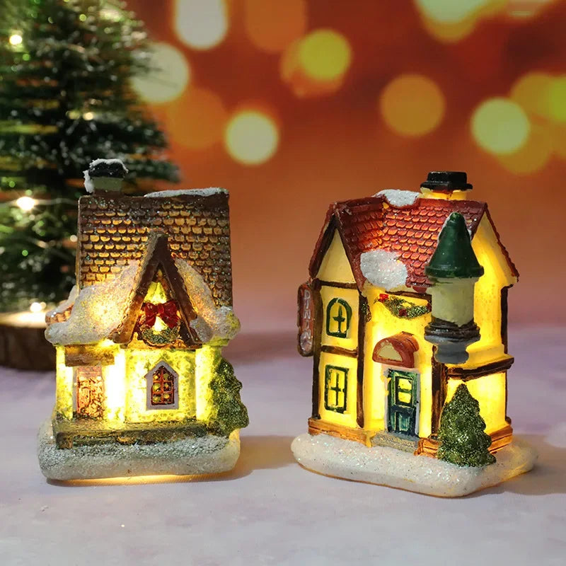 Christmas decoration house LED light durable Christmas ornaments small resin mini house miniature village building for home children gift