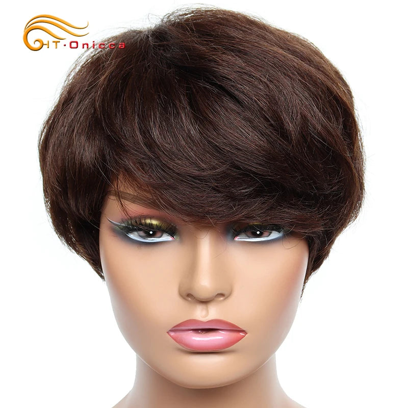 Cheap short human hair wigs, bob pixie cut human hair wig for women, Brazilian hair human hair wig, colored wig with bangs