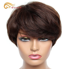 Cheap short human hair wigs, bob pixie cut human hair wig for women, Brazilian hair human hair wig, colored wig with bangs