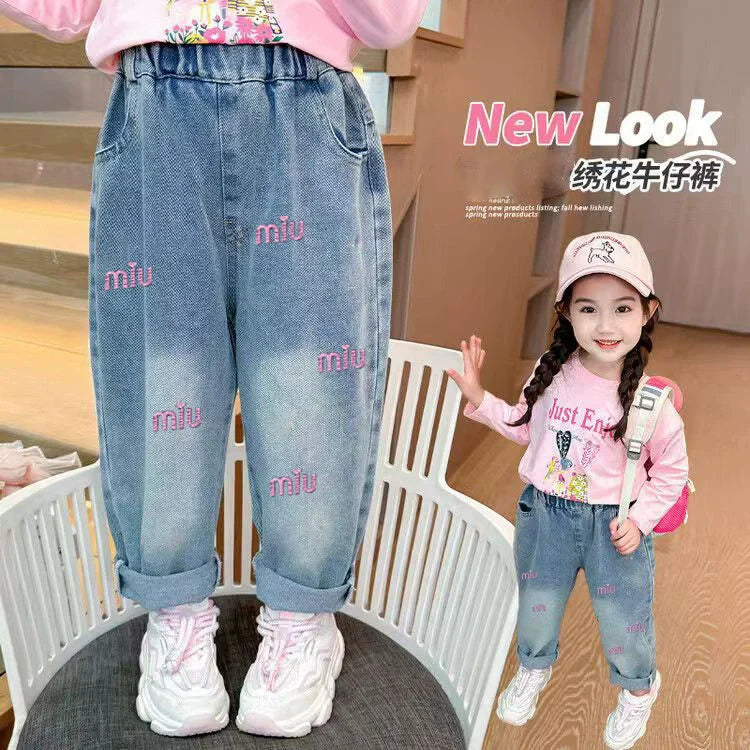 New Fashion Girls Jean Spring Summer and Autumn Soft Casual Boutique Cotton Kawaii Girls Elegant Jean Children's Pants 3-12Y