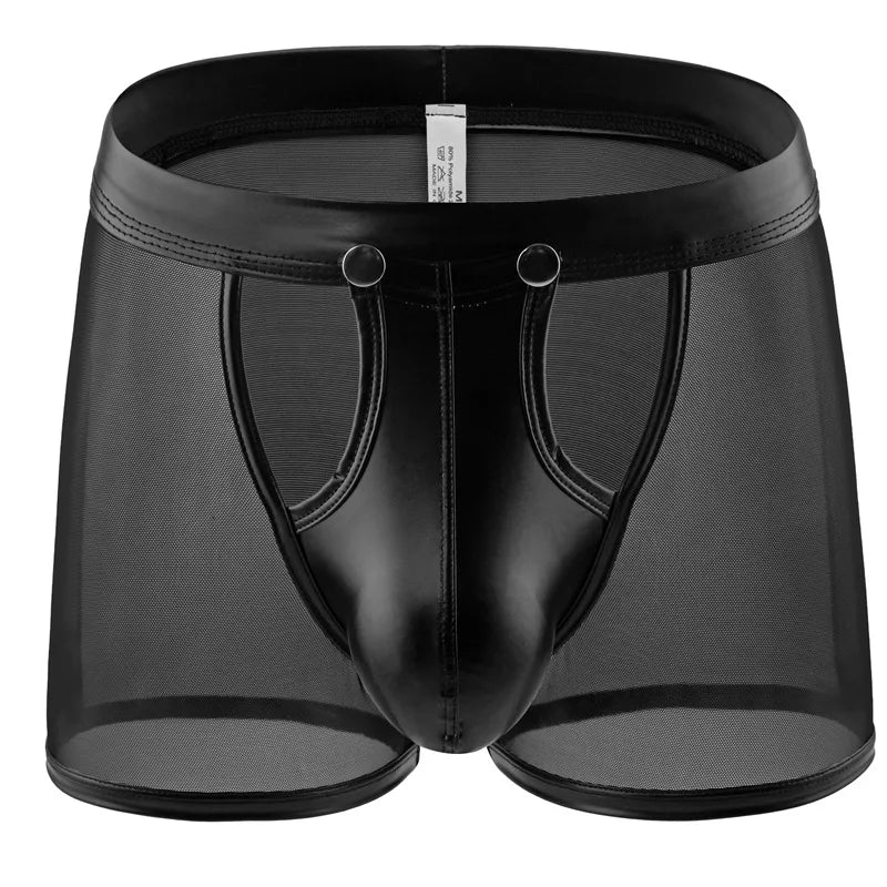 Men's underwear, sheer mesh boxer shorts, men's briefs, men's faux leather, detachable buckle, pouch, briefs, Cueca Calzoncillo