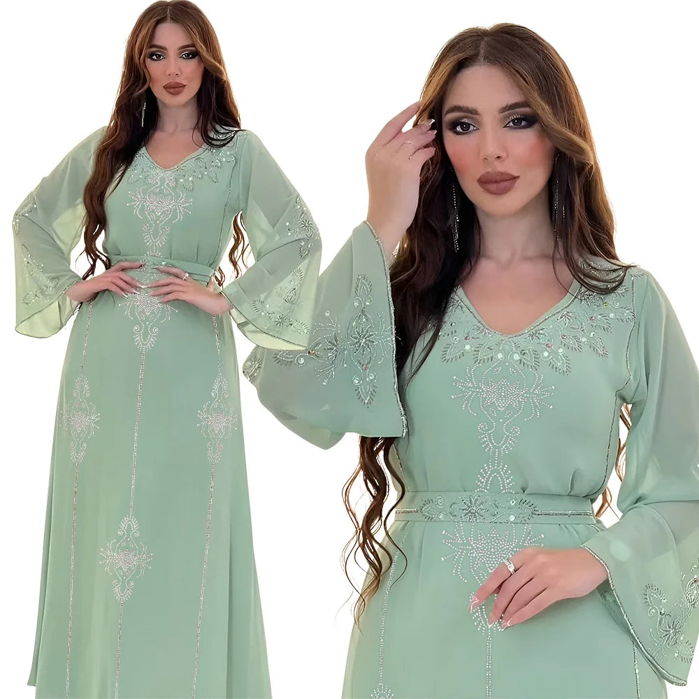 Eid Jalabiya - Women's Muslim Evening Dress, Diamond Lace-Up Arabic Abayas, Long Dresses, Elegant Dress, Educational Dress for Ramadan