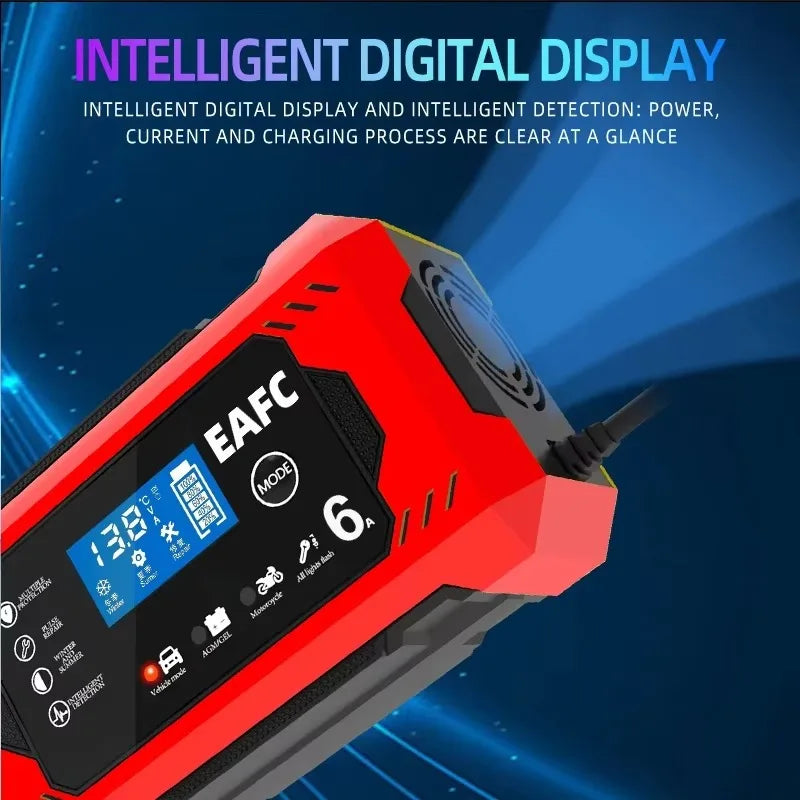 Chargeur de batterie de voiture, grand écran 6a 12V, dispositif de charge de batterie de voiture et de moto, batterie au plomb, réparation intelligente, écran LCD