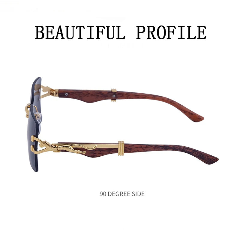 Frameless square wooden sunglasses for men and women, vintage, fashionable, luxury, retro, 2023
