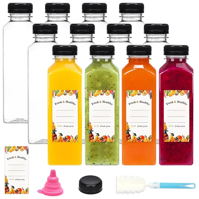 Bouteilles de jus de 500ML avec bouchons, bouteilles vides transparentes réutilisables avec entonnoir à brosse et étiquettes pour smoothies et autres boissons YY177