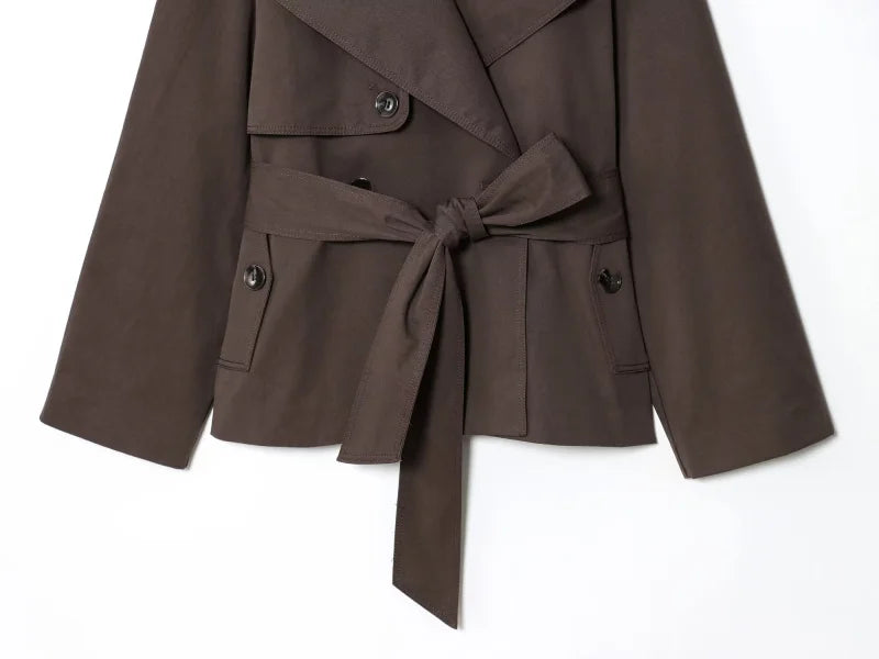 ETJ Autumn 2025 New Collection Women's British Style Double-Breasted Lapel Mesh Colour Belted Casual Trench Coat
