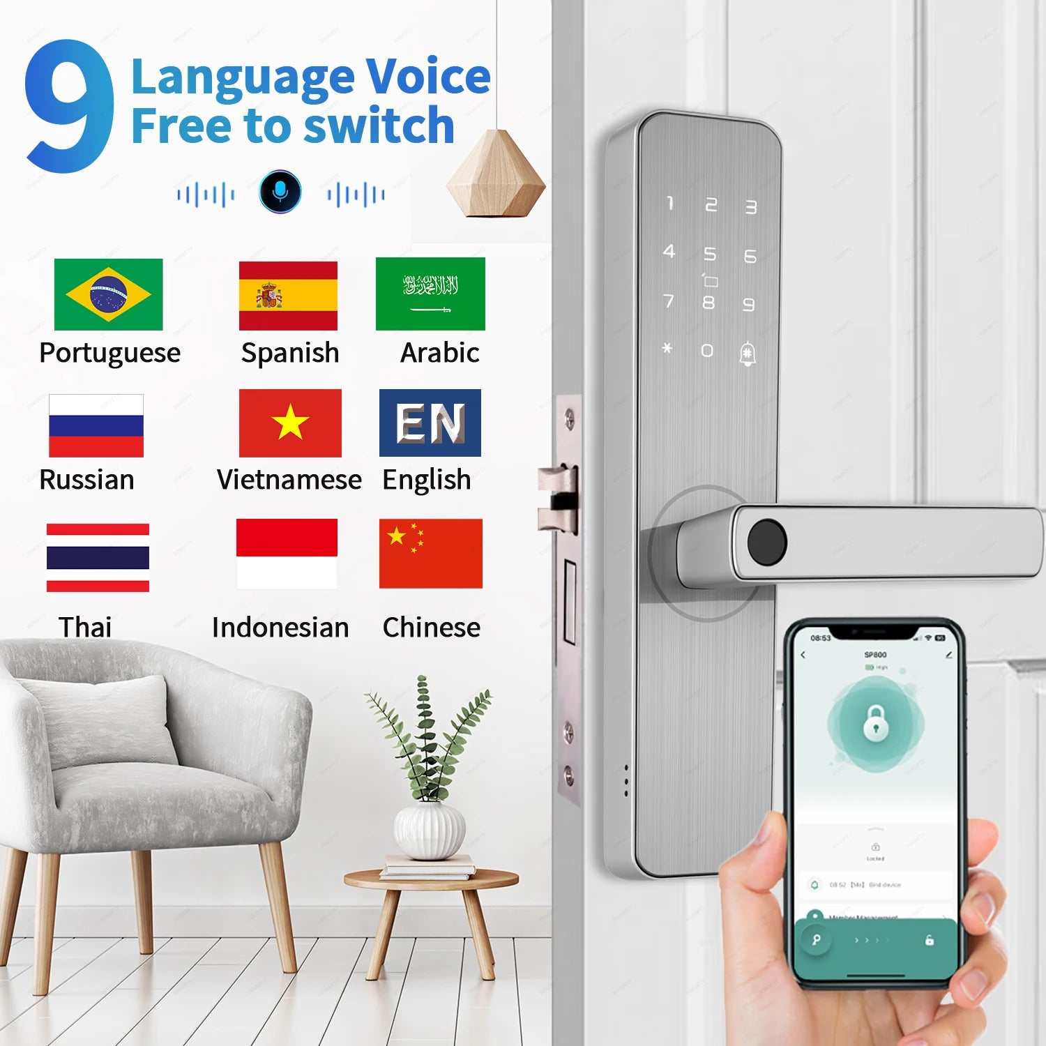 Serrure de porte intelligente pour maison et appartement, caméra d'Arabie Saoudite, WiFi