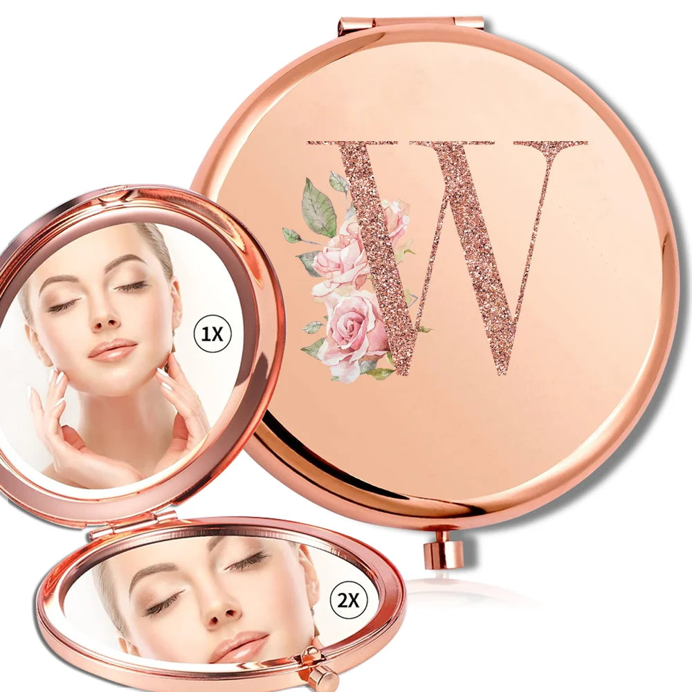 Miroir rond de maquillage grossissant Double face en métal, cosmétique, aspect Portable, verre, Compact, motif de lettres en or Rose