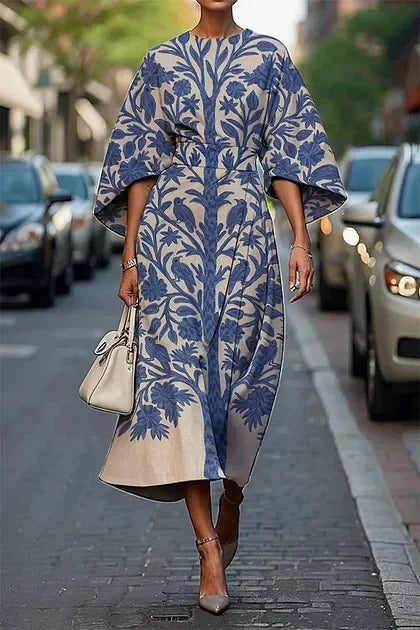 Elegant floral ocean dress for women, ankle-length, made of polyester fiber, independent station, cross-border, 2025