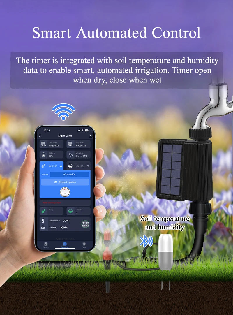 Tuya Smart WiFi Watering Timer, Solar Powered Drip Irrigation System, Built-in Water Flow Recorder, Water Controller