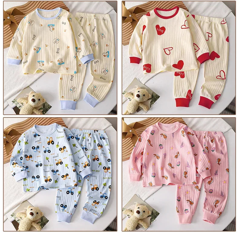 Pyjama chaud en pur coton pour enfants, garçons et filles, T-Shirt à manches longues + pantalon, dessin animé mignon, sous-vêtements d'automne pour bébés en bas âge