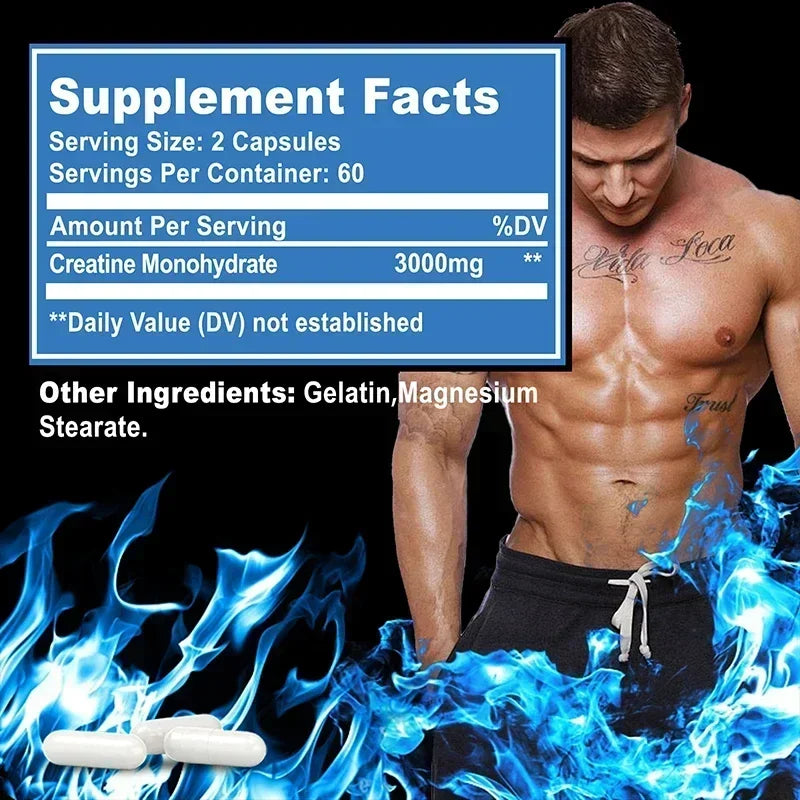 Creatine monohydrate - Improves muscle strength, promotes muscle recovery and growth, and enhances athletic performance. Vegan.