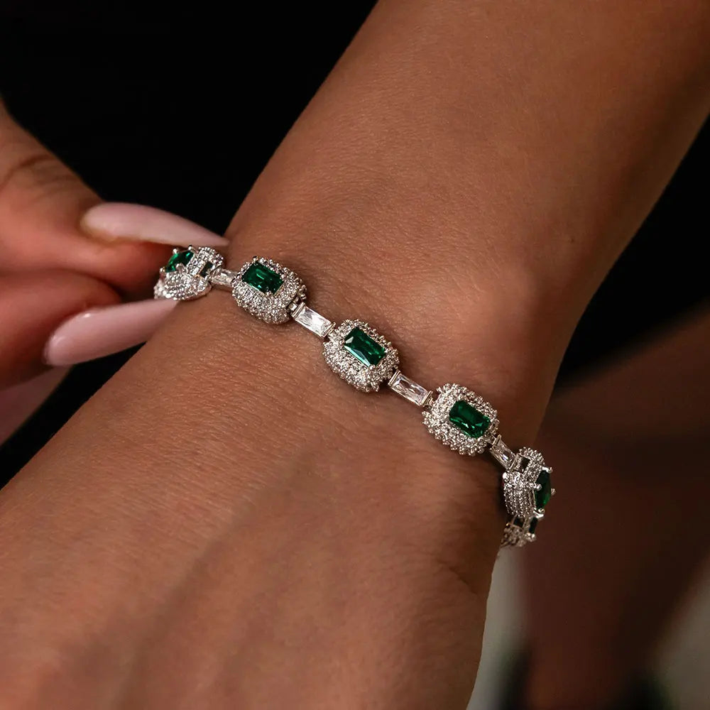 ESEllEM-Bracelet en Émeraude Glacée pour Femme, Bijoux à la Mode, Diamants, Coupe Coussin, Or Blanc, Incrusté Vert, Baguette Zcomprend