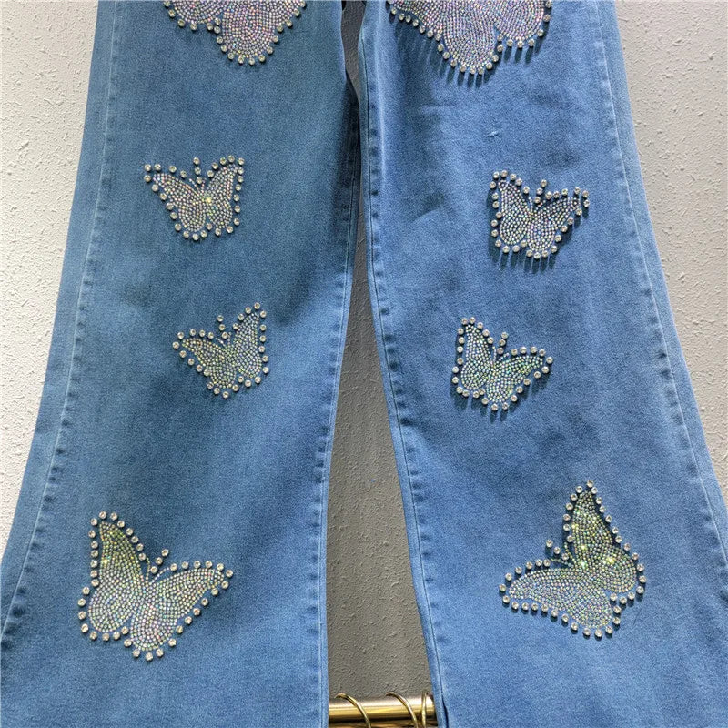 Women's high-waisted elastic jeans, floor-length pants, baggy pants, diamond beads, butterfly, wide leg, warm, casual, spring, autumn, new, 2025