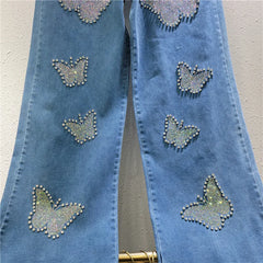 Women's high-waisted elastic jeans, floor-length pants, baggy pants, diamond beads, butterfly, wide leg, warm, casual, spring, autumn, new, 2025