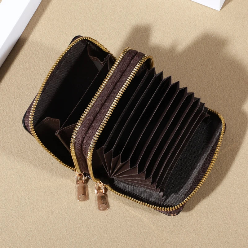 Mini faux leather wallet with double zipper, compact classic pouch, multiple card slots, matching pocket, RFID protection, chic 