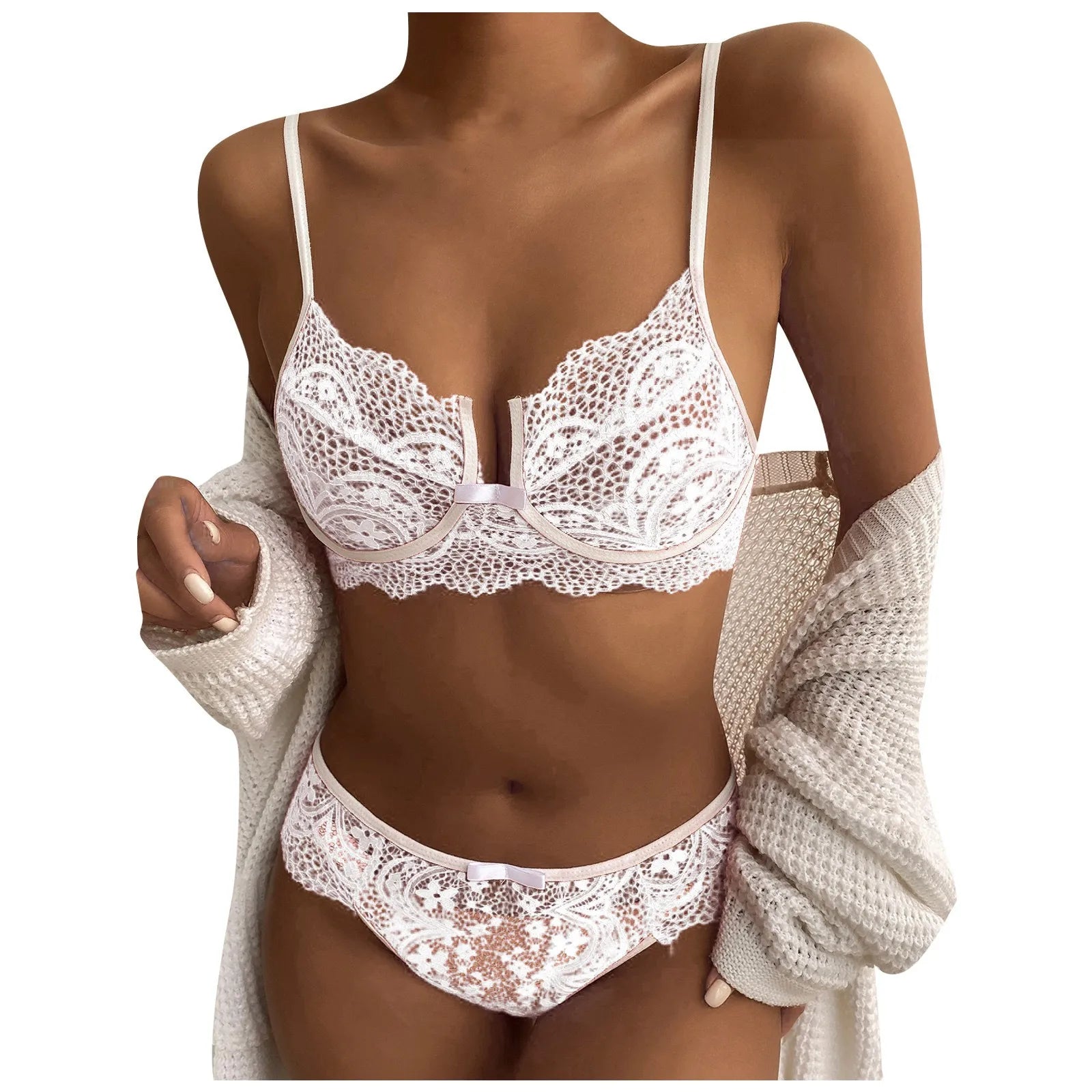 Ensemble pyjama en dentelle pour femmes, sous-vêtements Sexy, soutien-gorge à nœud papillon sans fil, string, couleur unie, ensembles de Lingerie féerique transparents