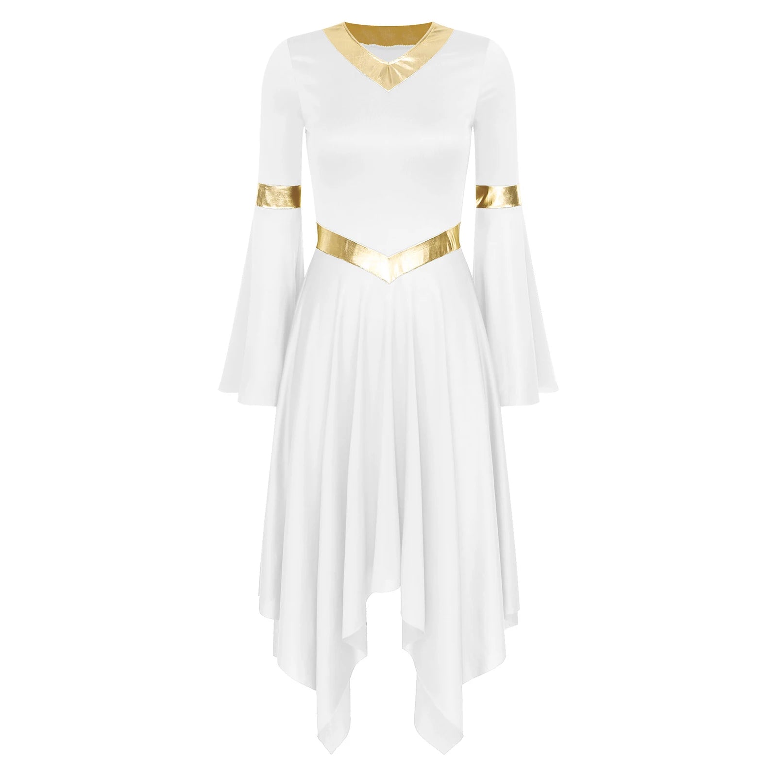 Robe de danse lyrique à manches longues pour femmes, robe à ourlet irrégulier, costume de spectacle liturgique, vêtements de danse modernes, culte de la chorale d'église