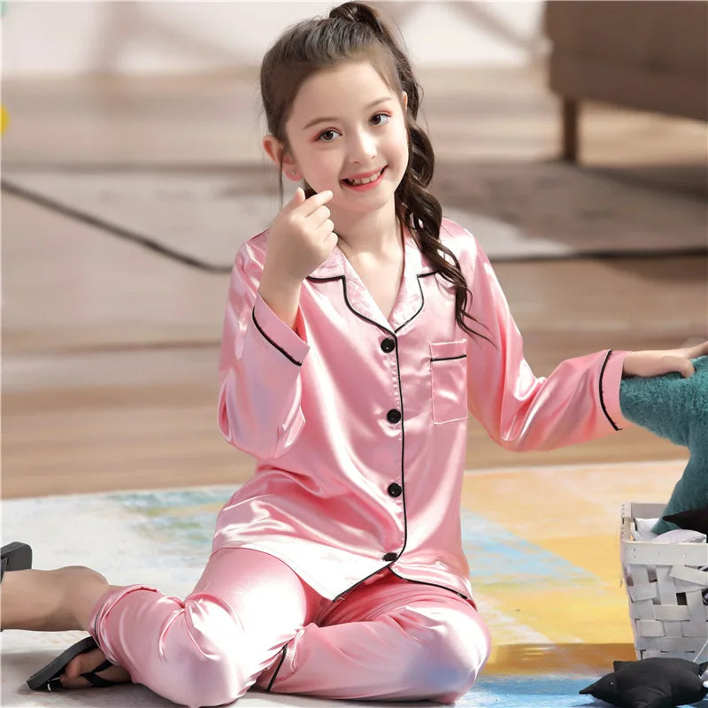 Vêtements pour enfants adolescente rose Satin Pyjamas à manches longues enfants Homewear vêtements garçons solide chemise de nuit soie Pijamas bébé Pjs