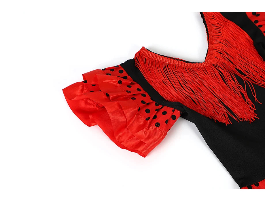 Robe de danse traditionnelle espagnole pour filles, robe de Festival à pois avec pompon, quatre couleurs, jupe classique de Style Flamengo gitane pour enfants