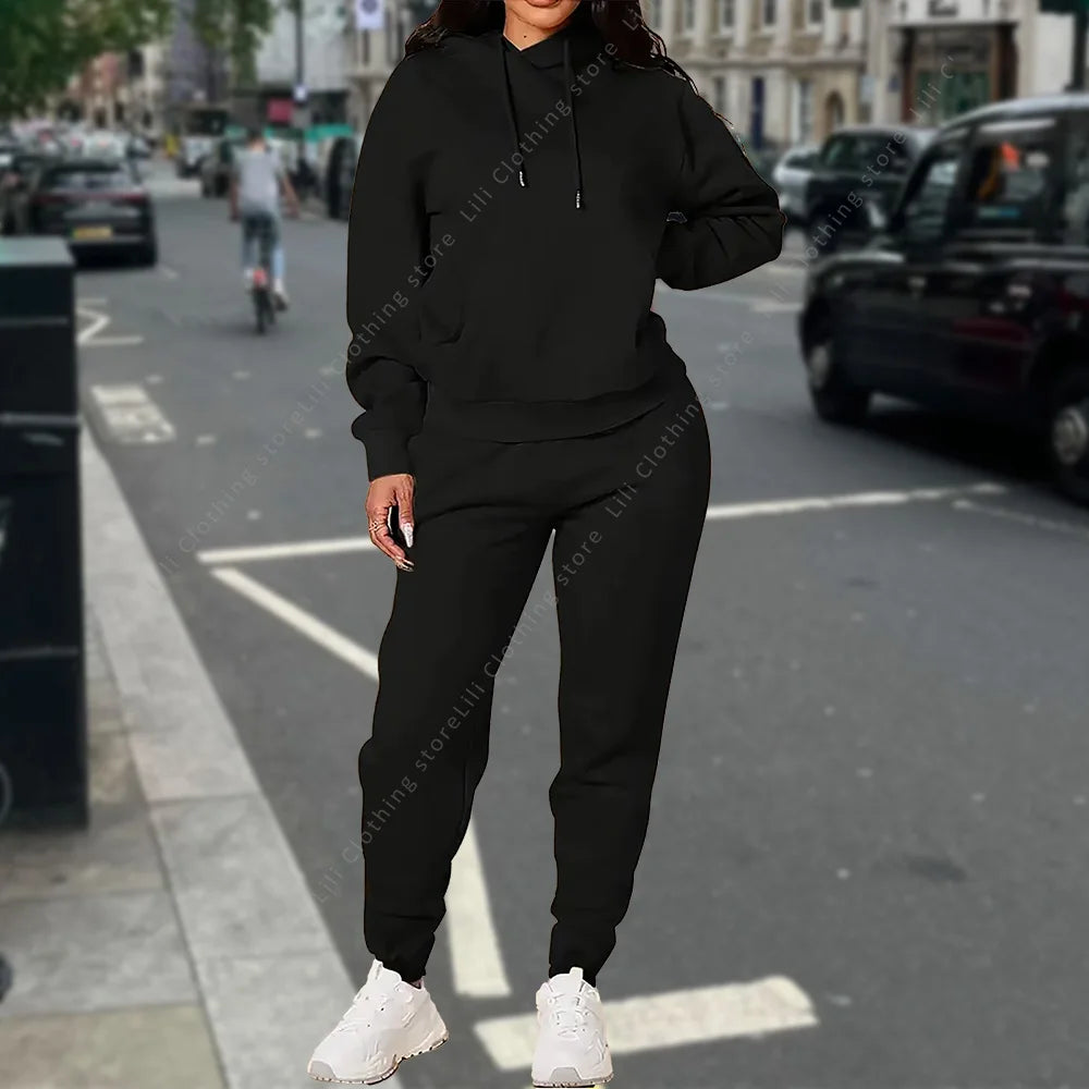 Ensemble deux pièces à capuche et pantalon pour femme, basique, vierge, automne-hiver, sweat-shirt surdimensionné, coupe ample, survêtement féminin