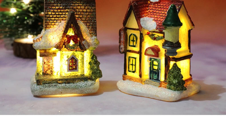 Christmas decoration house LED light durable Christmas ornaments small resin mini house miniature village building for home children gift