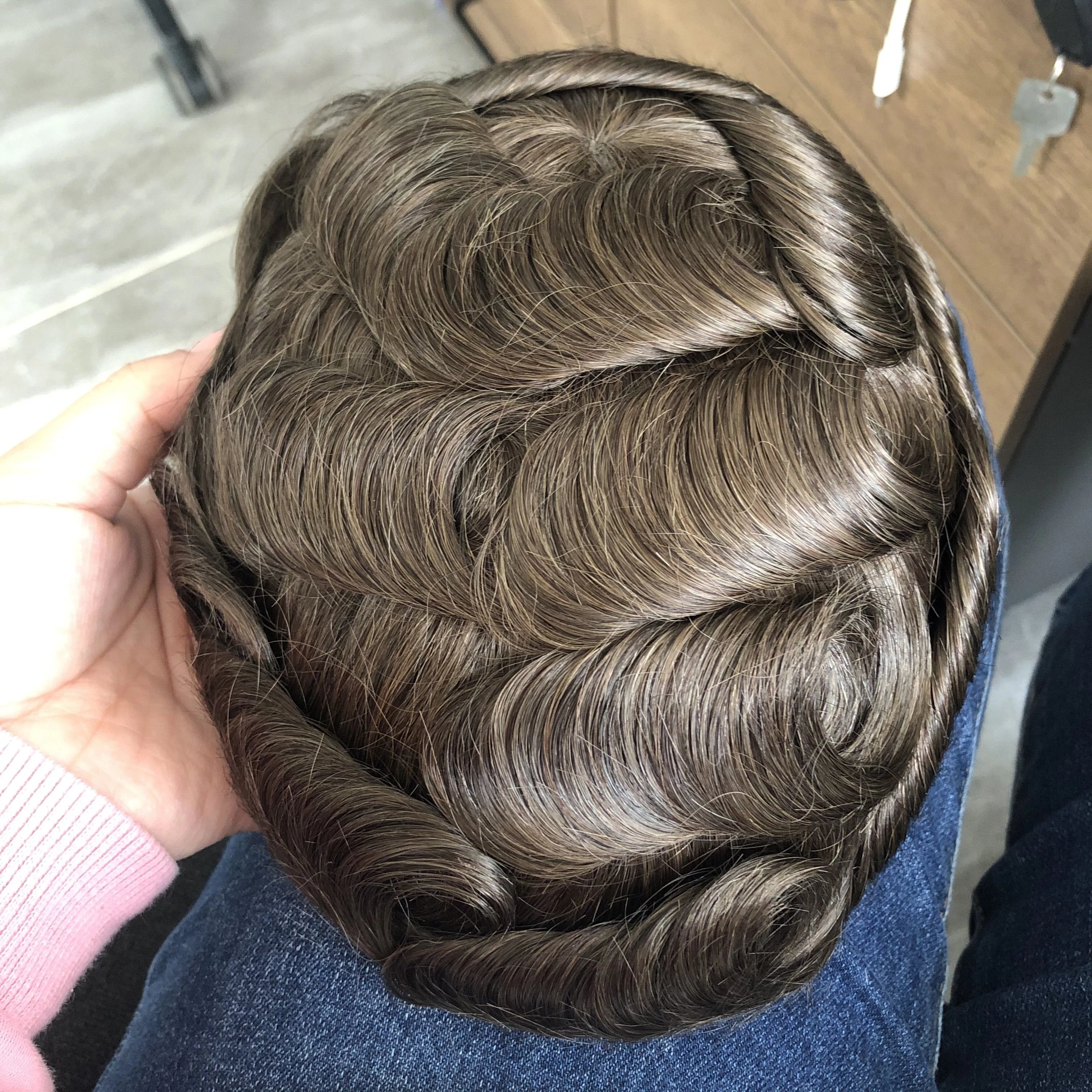 1B40 1B65 gris cheveux humains hommes toupet indécutable 0.1mm Pu Base homme perruques remplacement naturel délié cheveux prothèse capillaire