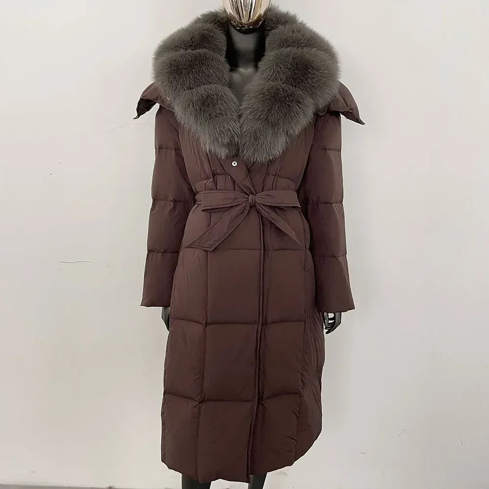 Veste d'hiver chaude et élégante pour femme, avec ceinture à capuche, simple boutonnage, col en vraie fourrure de renard, manteau épais et ample en duvet de canard blanc