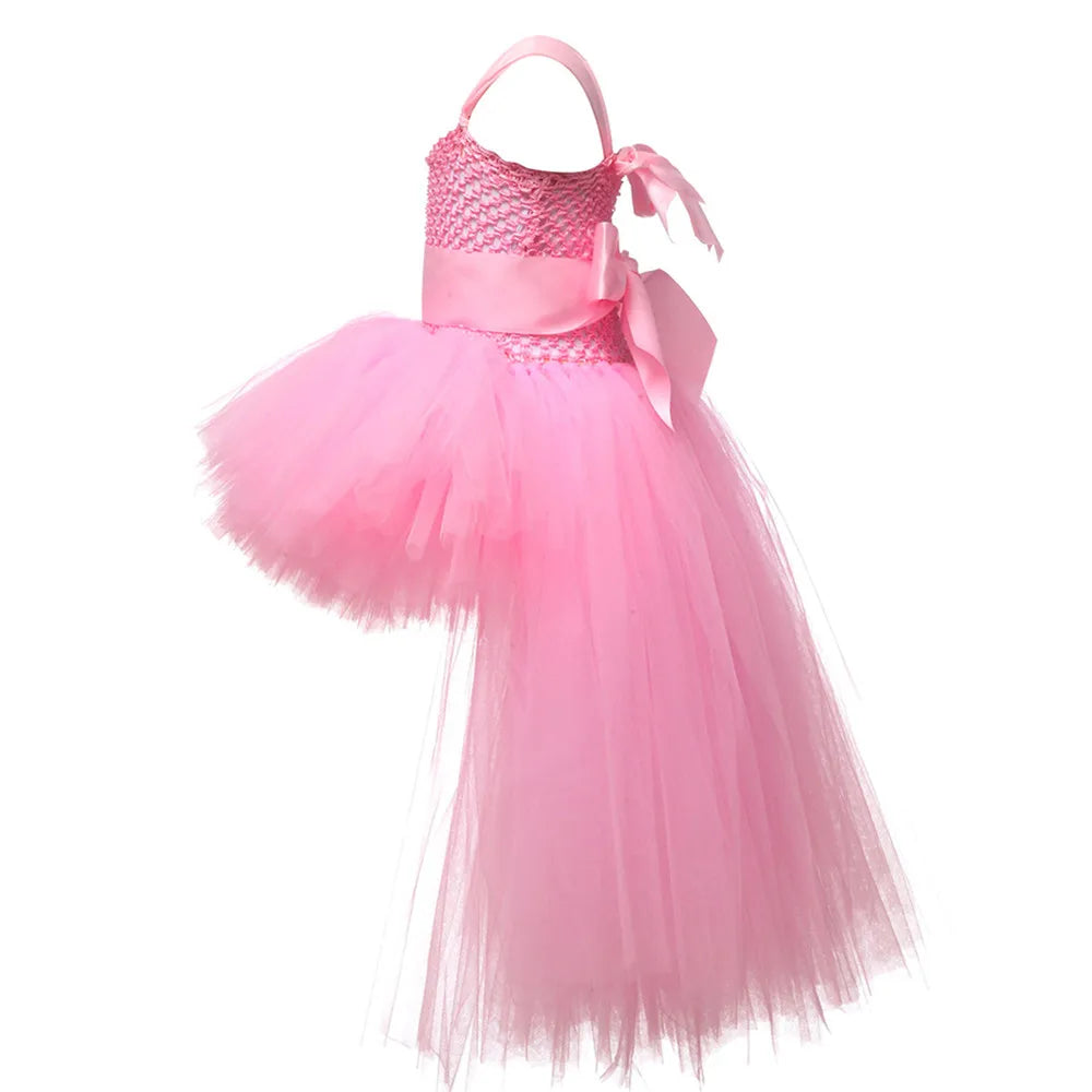 Girls Pink Black Tutu Dress V-Neck Train Girl Evening Birthday Party Tulle Dresses Girl Ball Gown Kids Halloween Costumes
