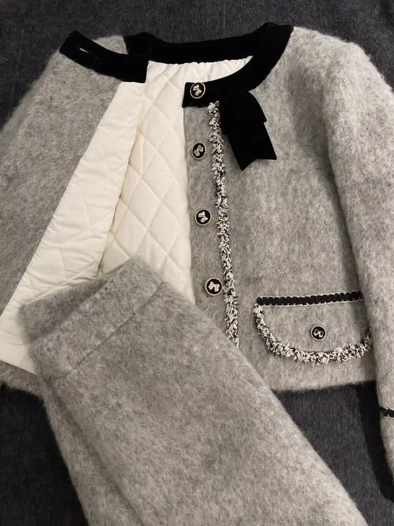 Manteaux matelassés épais mélanges veste en laine grise haut court hiver Vintage mince une ligne jupes femmes deux pièces ensembles costume à nœud Y2k