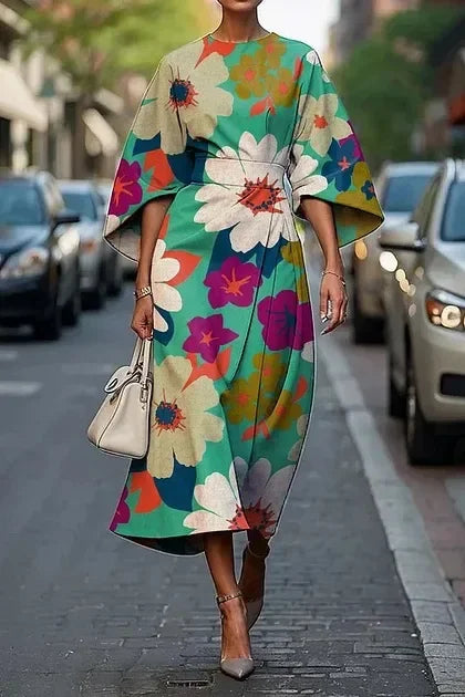Elegant floral ocean dress for women, ankle-length, made of polyester fiber, independent station, cross-border, 2025