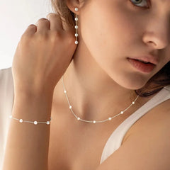 Women's gold jewelry set, delicate necklace and earrings set in 14k gold/silver plated pearls with dangle earrings, bracelets and necklace