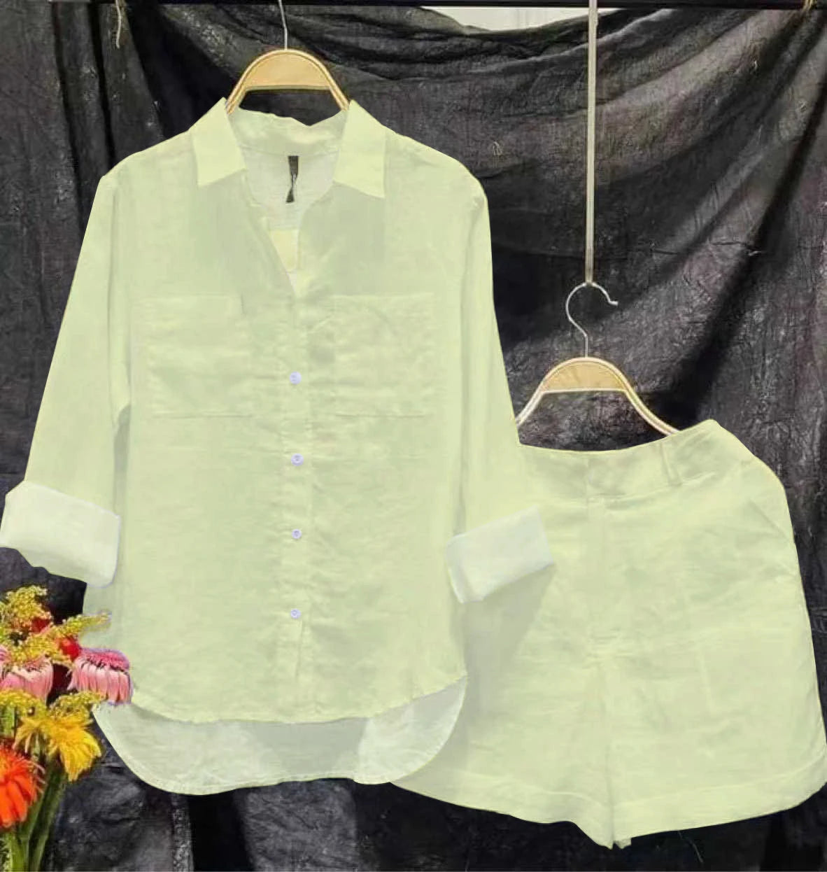 Ensemble d'été 2 pièces en coton et lin pour femmes, chemise et short blancs à manches longues, à la mode, pour la maison, survêtement, 2024