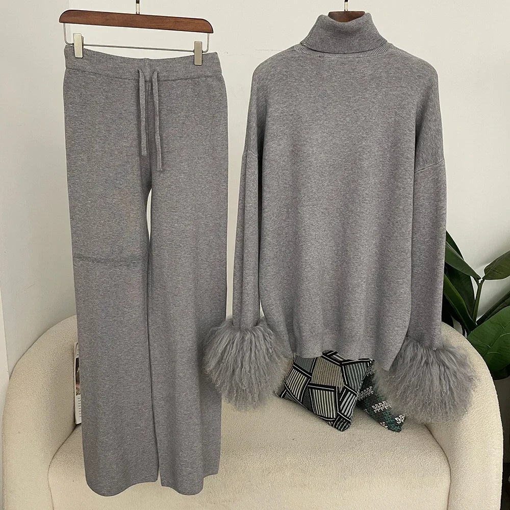 Ensemble pull et pantalon tricotés en laine et mélange pour femme, avec poignets en vraie fourrure de mouton mongole, costume tricoté de haute qualité 2025