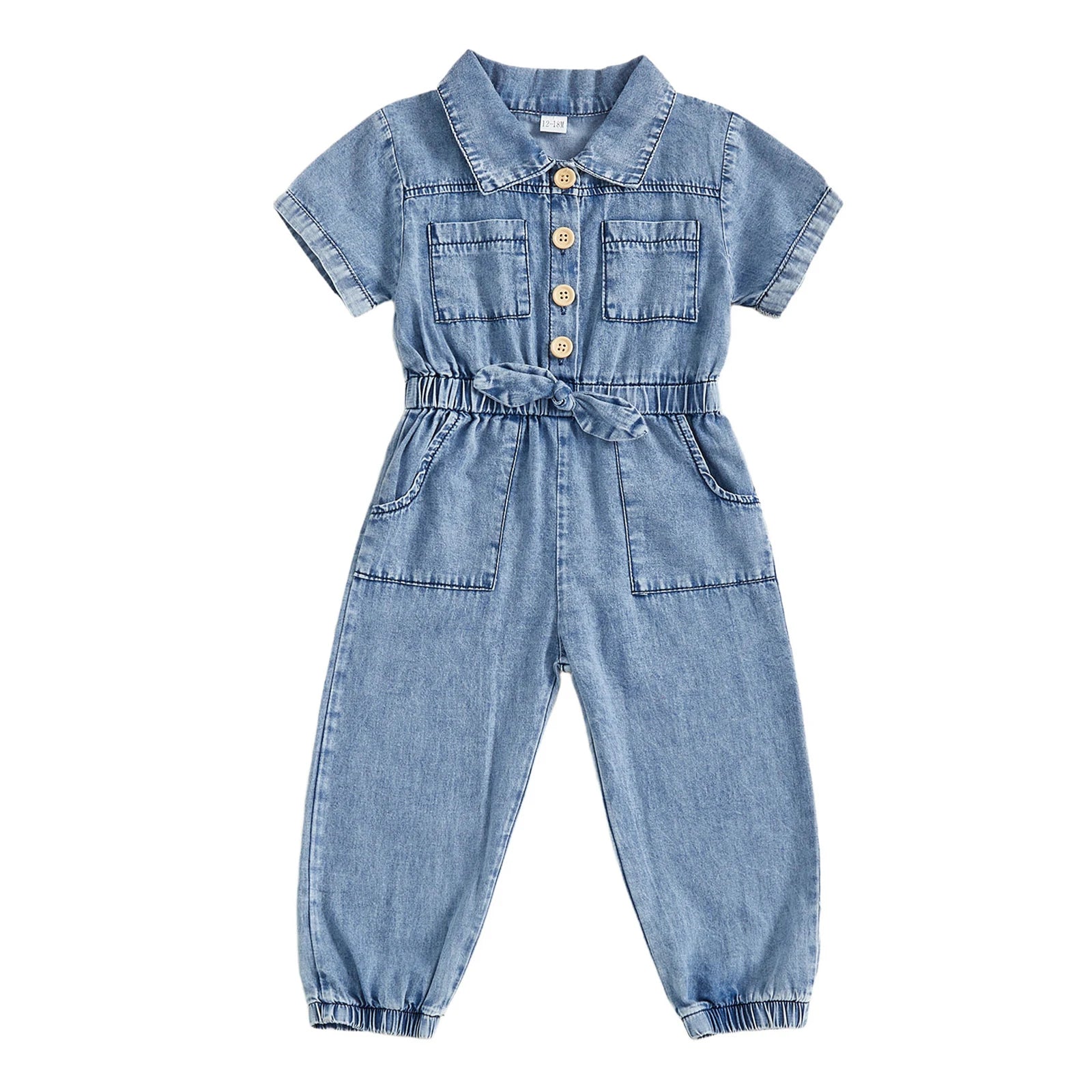 Barboteuse en jean pour petites filles, manches courtes, revers boutonné, combinaison pleine longueur avec poches