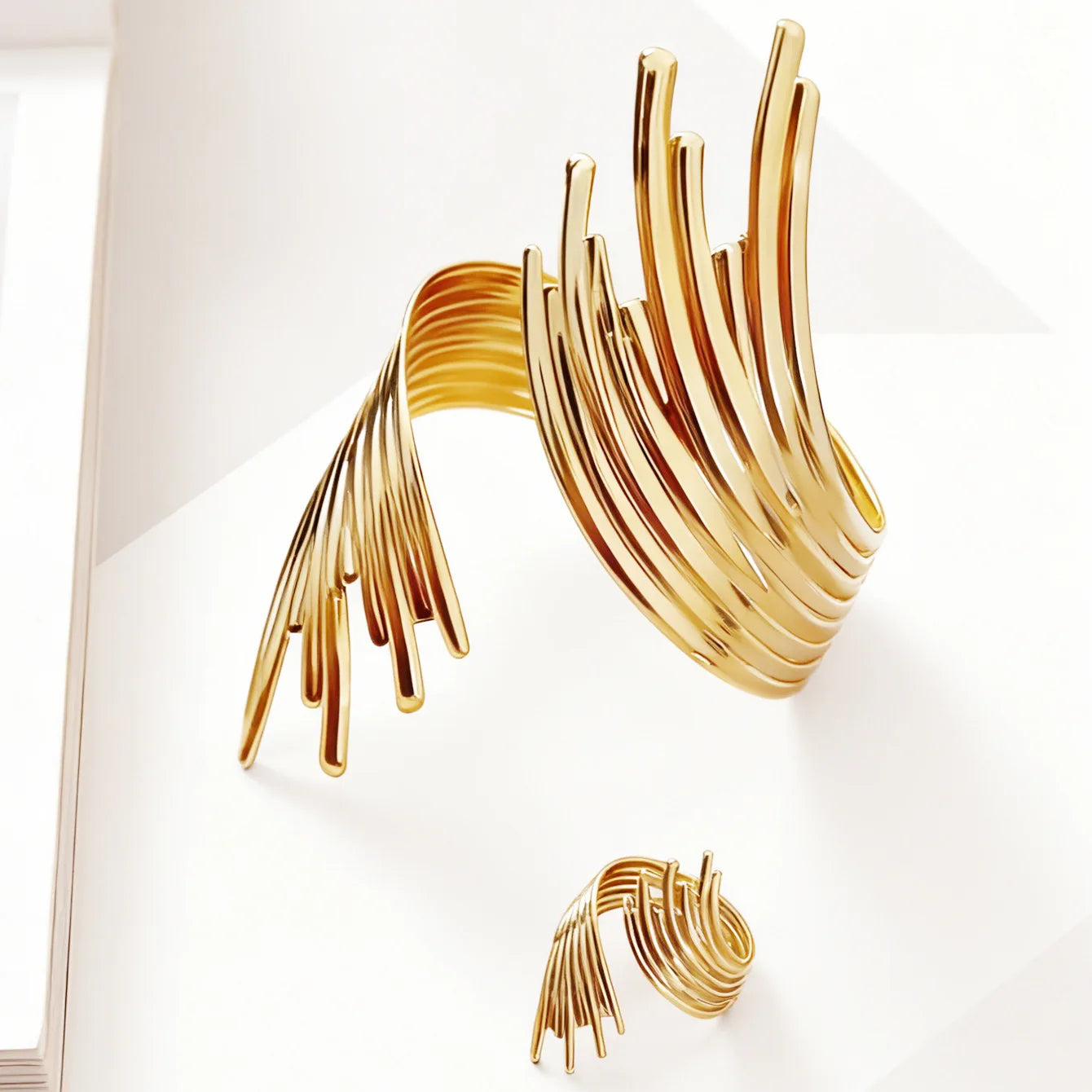 Punk-style exaggerated geometric line hollow twisted ring and bracelet set, personalized and trendy fashion accessory