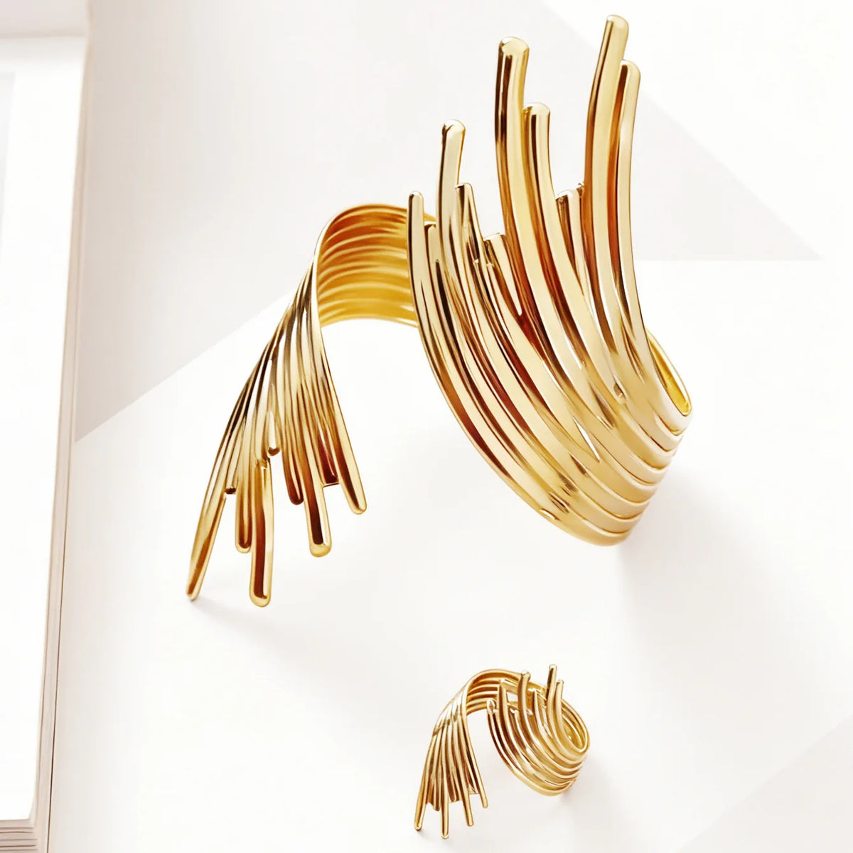 Punk-style exaggerated geometric line hollow twisted ring and bracelet set, personalized and trendy fashion accessory