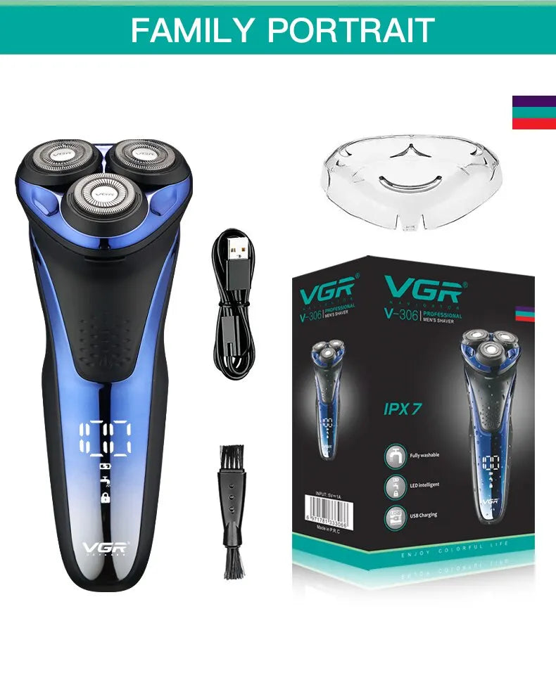 VgazElectric Rasoir Professionnel Étanche Barbe Tondeuse 3D Flottant Rasage Rechargeable Électrique pour Hommes V-306
