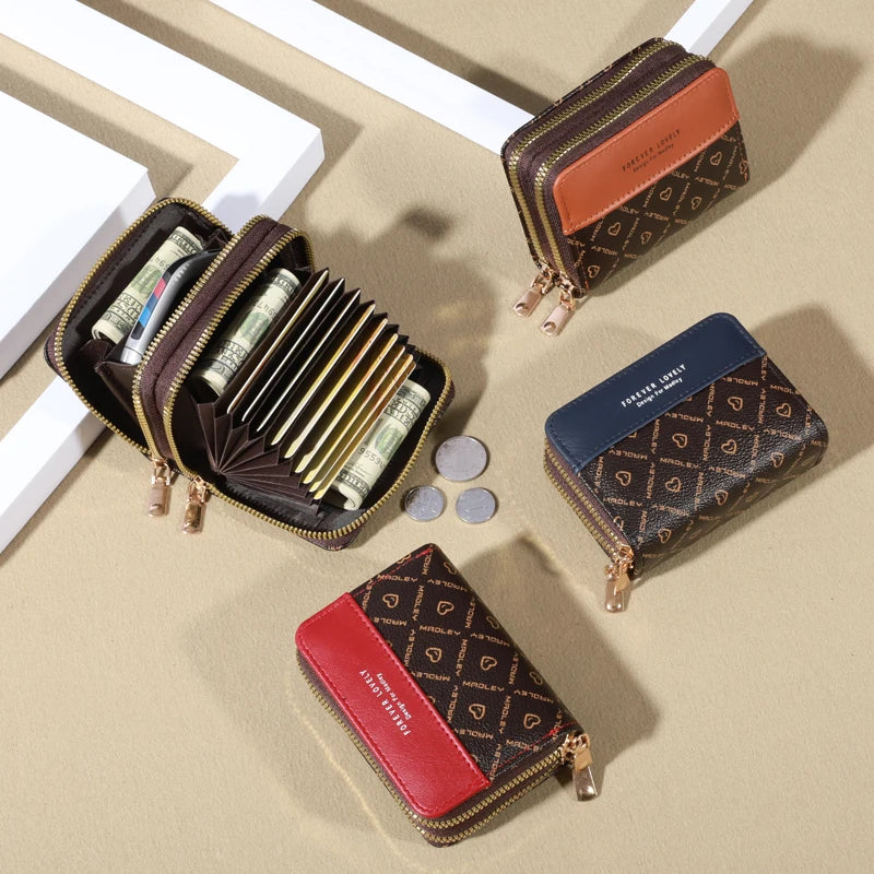 Mini faux leather wallet with double zipper, compact classic pouch, multiple card slots, matching pocket, RFID protection, chic 