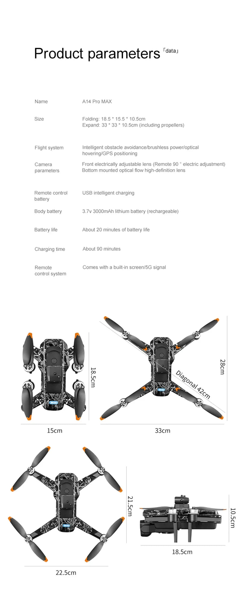 Xiaomi A14 ProMax Drone, Brushless Motor, 8K HD, Three Cameras, GPS, Optical Flow, Obstacle Avoidance, Foldable Quadcopter Drone Toy