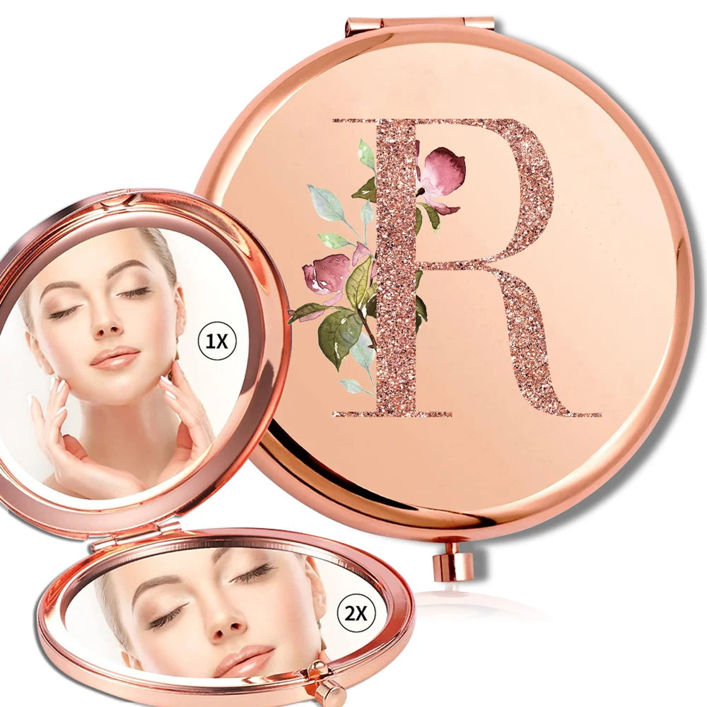 Miroir rond de maquillage grossissant Double face en métal, cosmétique, aspect Portable, verre, Compact, motif de lettres en or Rose