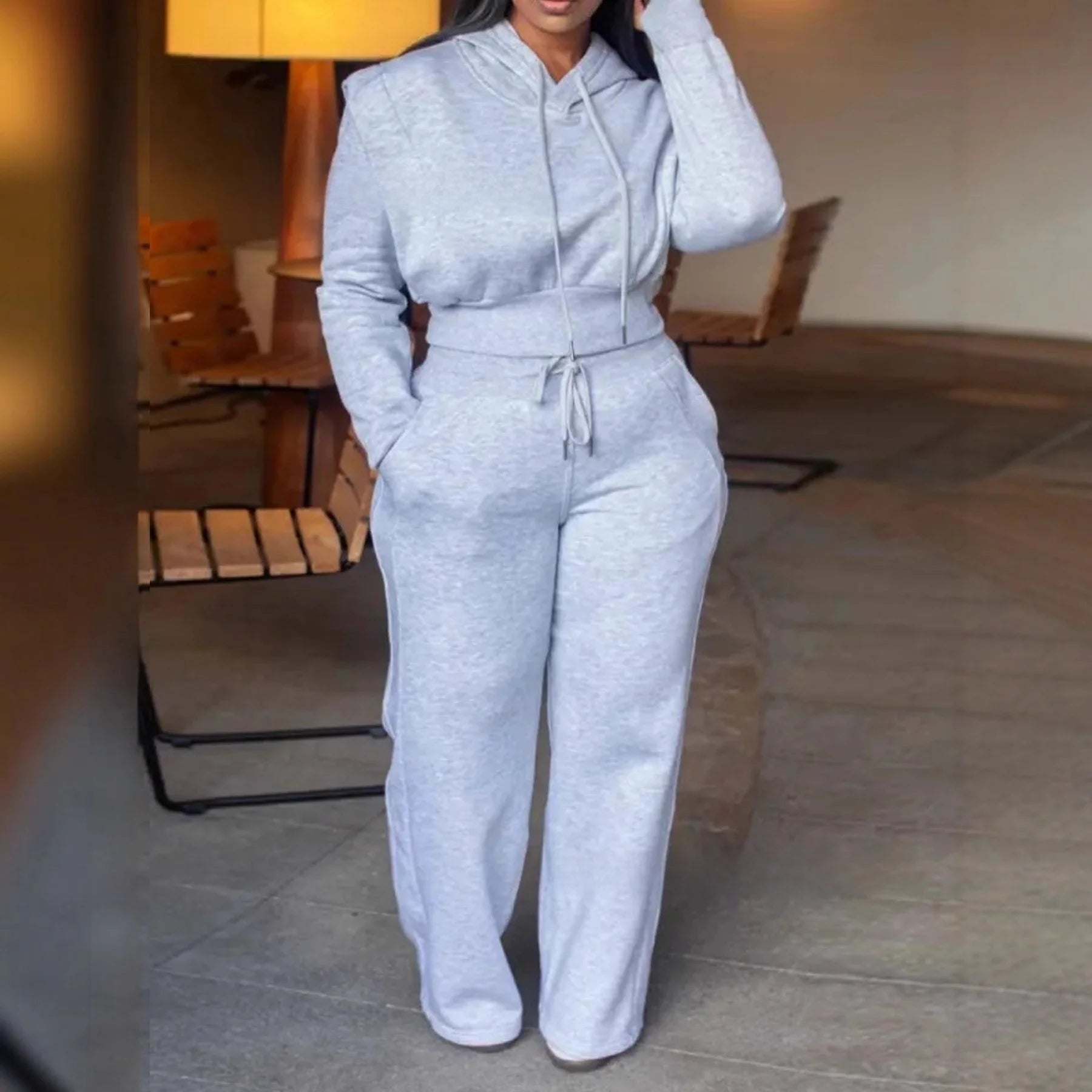 Ensemble deux pièces à la mode pour femmes, grande taille, sweat à capuche de couleur Pure, pantalon à jambes droites, avec cordon de serrage, tenue décontractée de Style de rue