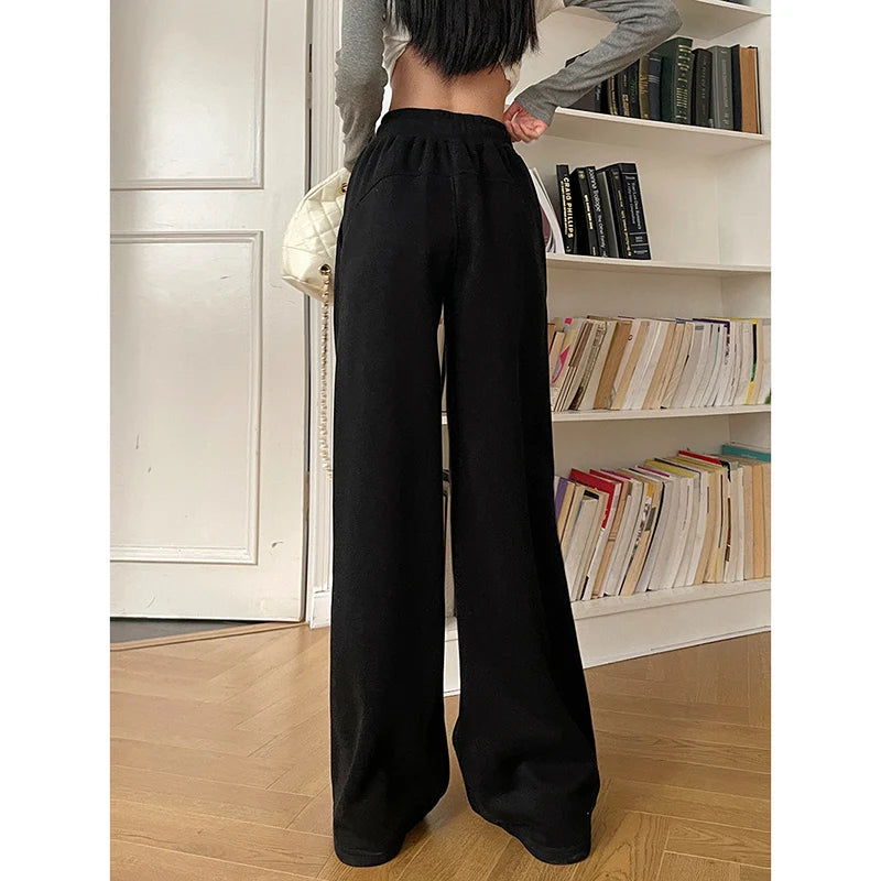 Pantalon de sport élastique pour femmes, basique, blanc, gris, noir, jambes larges, droit, polyvalent, taille haute, survêtement