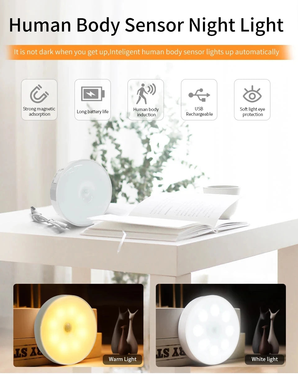 Lampe intelligente avec détecteur de mouvement, Rechargeable par Usb, lumière blanche chaude pour cuisine, escaliers, couloir, placard, chambre à coucher